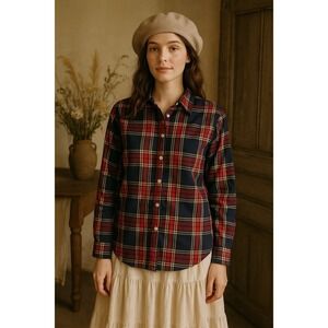 Foxcroft 100% Cotton Plaid Button-Down Shirt Navy Red Size 12